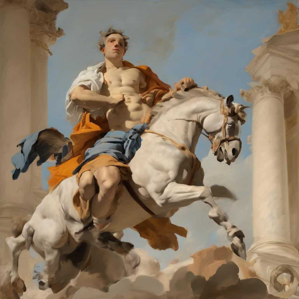 Λεζάντα: Ξυλόγλυπτο άγαλμα του Διός με έφιππο χαρακτήρα, σύμβολο των μεγάλων αλλαγών στην τέχνη.